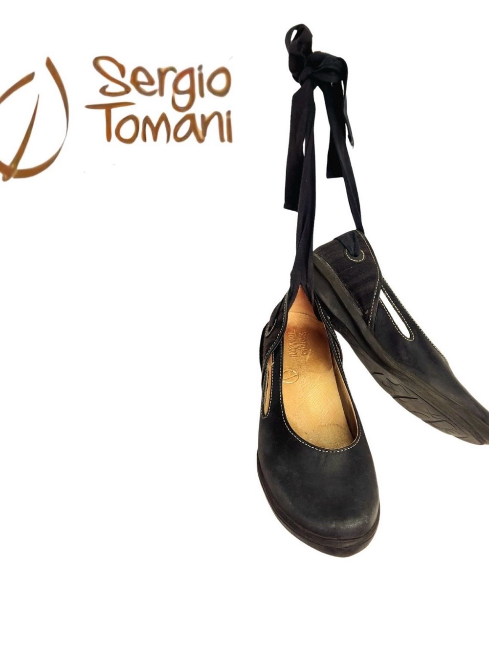 Sergio Tomani designer Lace-Up Black Leather Ballet Flats